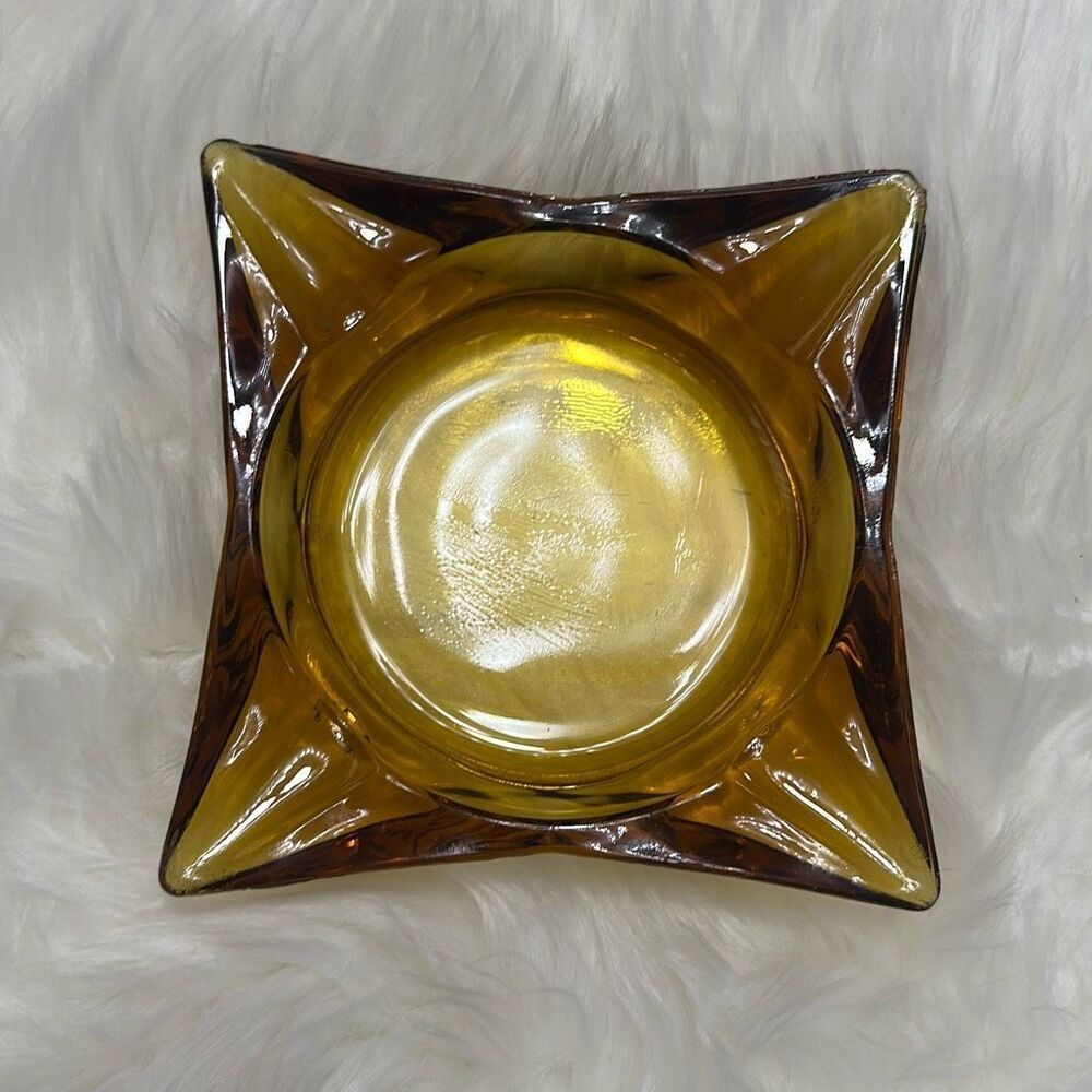 Vintage Retro Pointed Square Yellow Glass Ashtray Mid-Century Modern